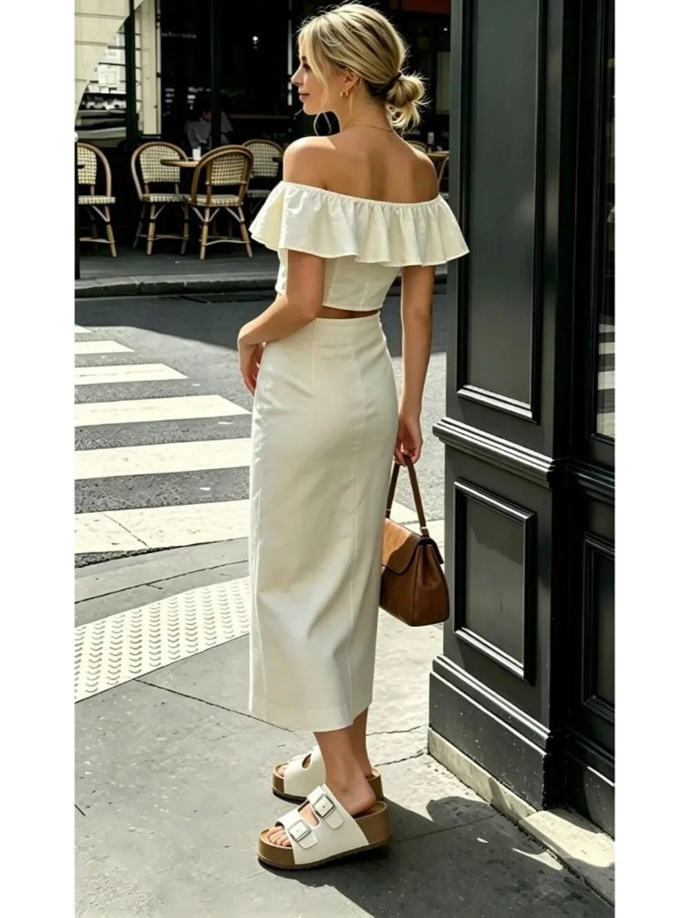 Women's White Slide Buckle Genuine Leather Slip on Beach Platform Sandal Shoes